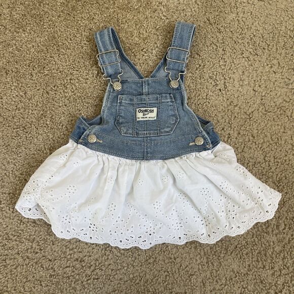 Oshkosh B'Gosh Dress Girls 9M Overall Vestbak Denim White Eyelet Jumper - Picture 1 of 8